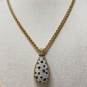 Gold Rope Chain Necklace With Reversible Teardrop Pendant Black & White Crystals